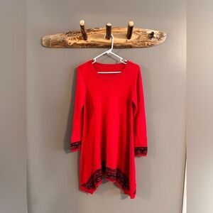 Red sweater dress - long sleeve swing dress with black detailing